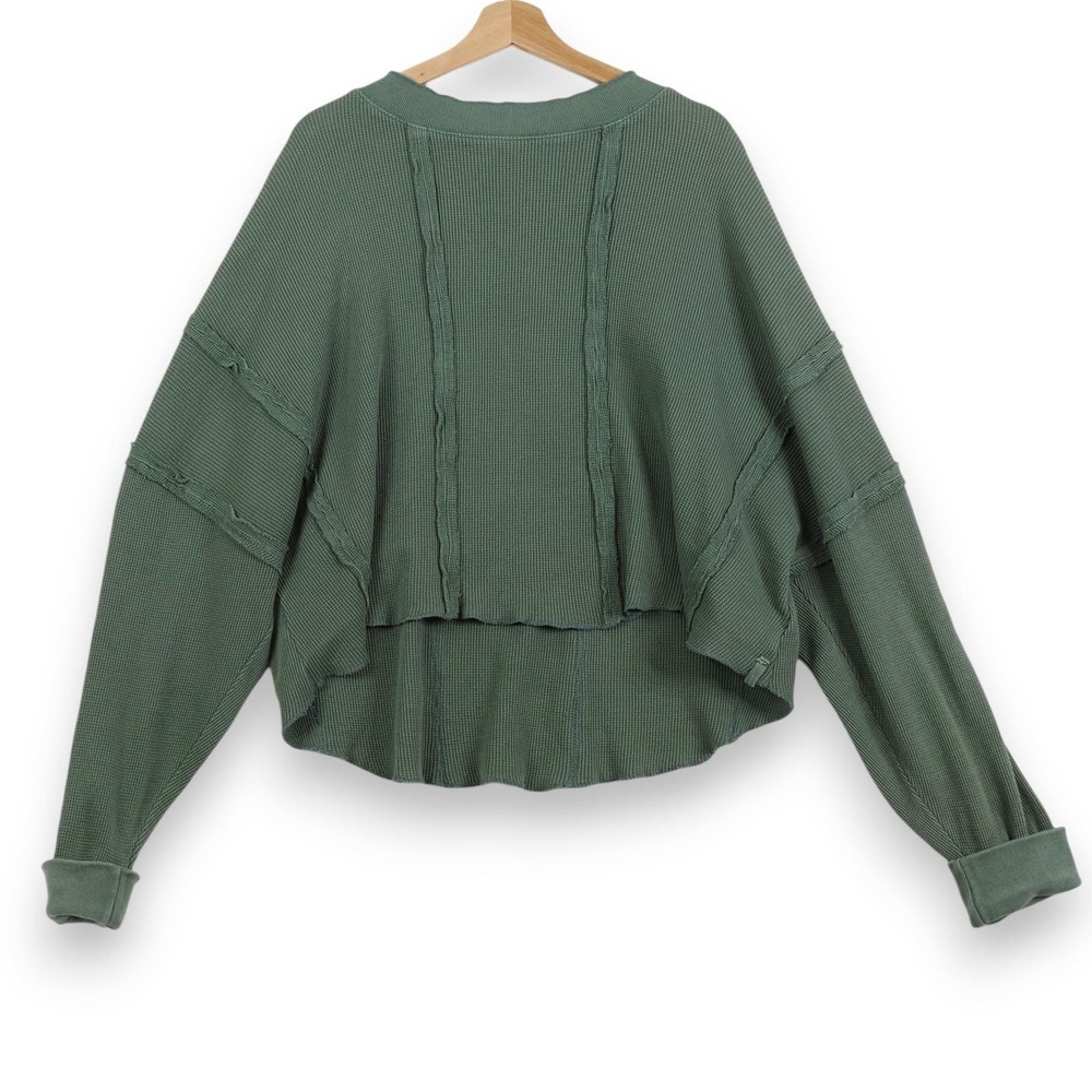We The Free‎ Camden Sweatshirt M Green Distressed Waffle Crop Oversized Cozy
